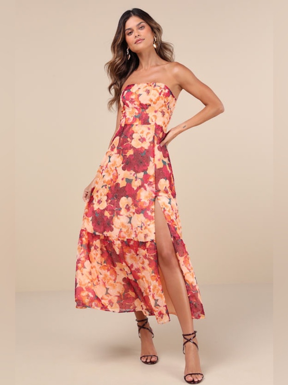 Lulus Bright Perspective Plum and Orange Floral Strapless Midi Dress - Small